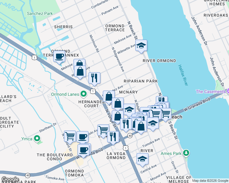 map of restaurants, bars, coffee shops, grocery stores, and more near 180 Hernandez Ave in Ormond Beach