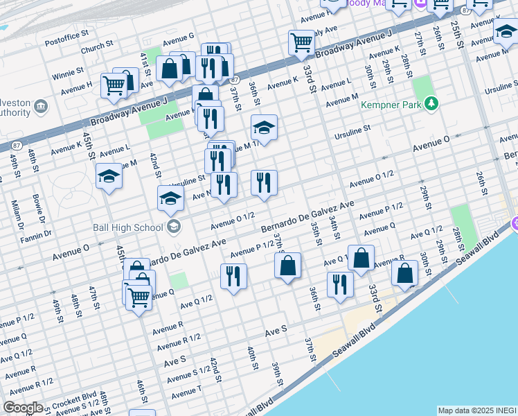 map of restaurants, bars, coffee shops, grocery stores, and more near 3702 Avenue O 1/2 in Galveston