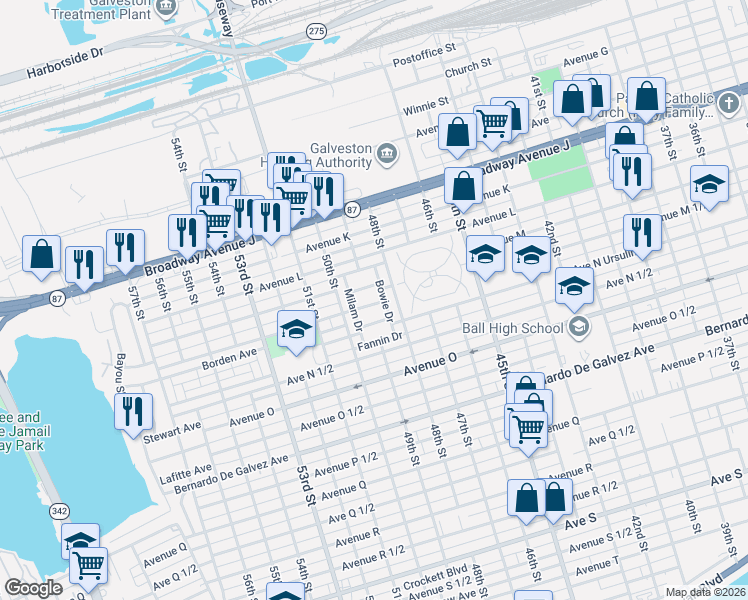 map of restaurants, bars, coffee shops, grocery stores, and more near 4905 Wharton Drive in Galveston