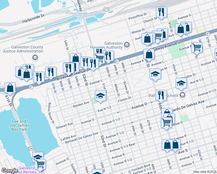 map of restaurants, bars, coffee shops, grocery stores, and more near 5013 Avenue M in Galveston