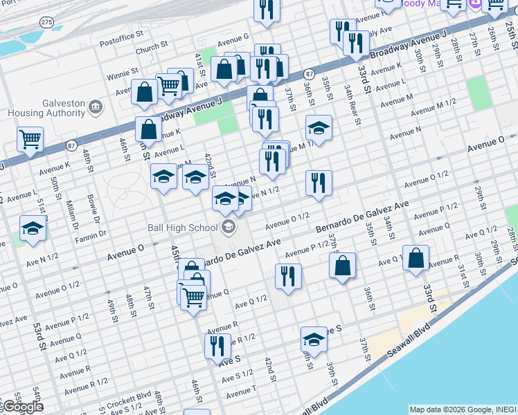 map of restaurants, bars, coffee shops, grocery stores, and more near 3920 Avenue O in Galveston