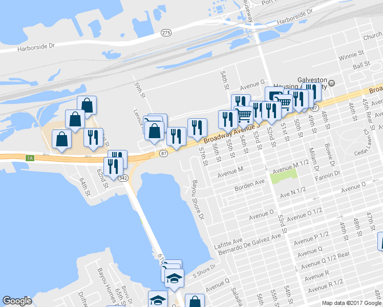 map of restaurants, bars, coffee shops, grocery stores, and more near 1013 Bayou Shore Drive in Galveston