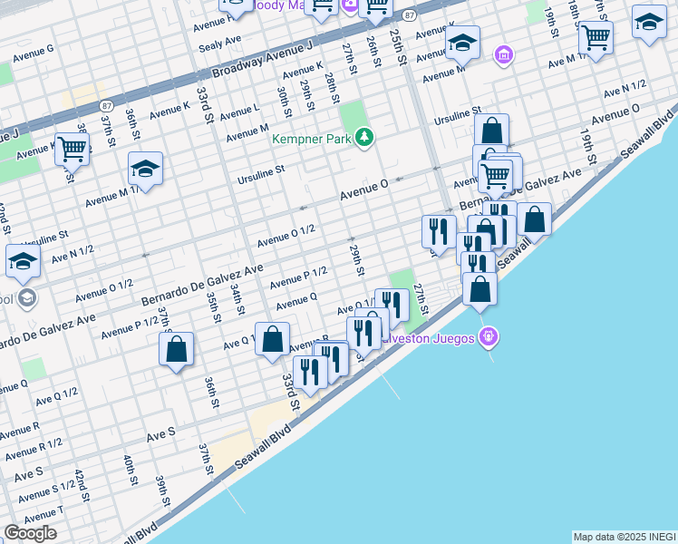 map of restaurants, bars, coffee shops, grocery stores, and more near 2927 Avenue P 1/2 in Galveston
