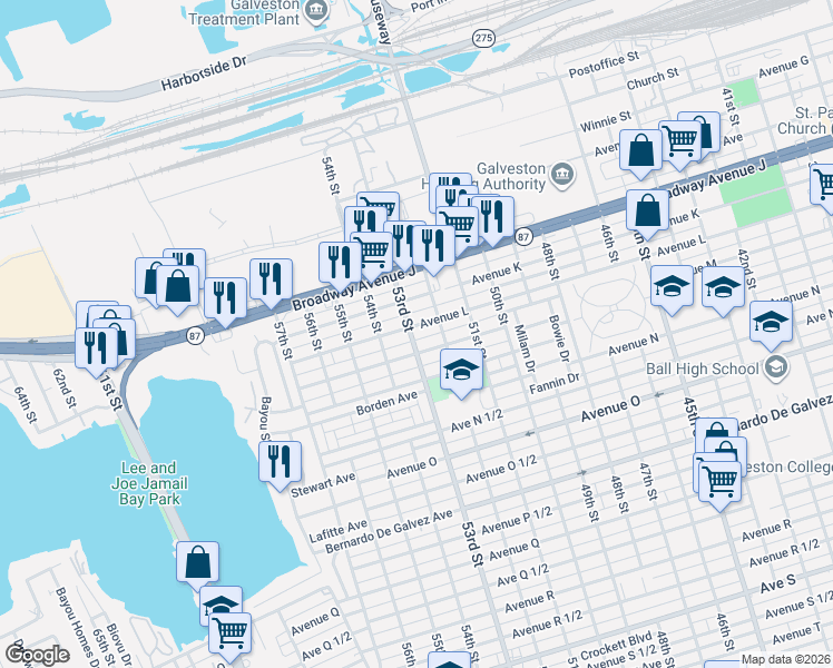 map of restaurants, bars, coffee shops, grocery stores, and more near 1202 53rd Street in Galveston