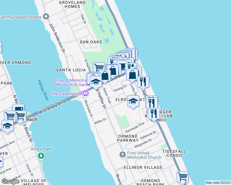 map of restaurants, bars, coffee shops, grocery stores, and more near 60 Vining Court in Ormond Beach
