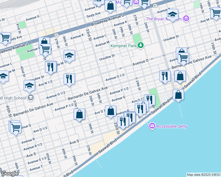 map of restaurants, bars, coffee shops, grocery stores, and more near 3211 Bernardo De Galvez Avenue in Galveston
