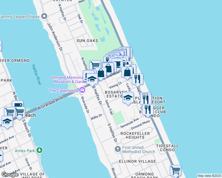 map of restaurants, bars, coffee shops, grocery stores, and more near 64 Wye Drive in Ormond Beach