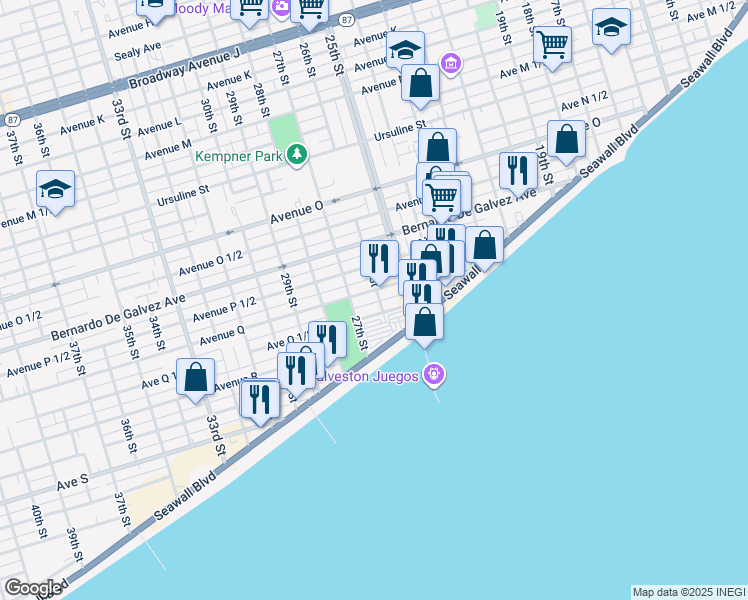 map of restaurants, bars, coffee shops, grocery stores, and more near 2610 1/2 Avenue Q in Galveston