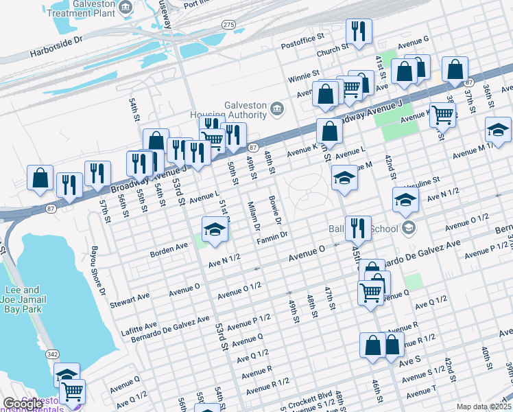 map of restaurants, bars, coffee shops, grocery stores, and more near 4905 Wharton Drive in Galveston
