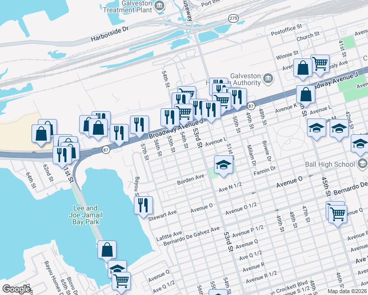 map of restaurants, bars, coffee shops, grocery stores, and more near 5404 Avenue L in Galveston