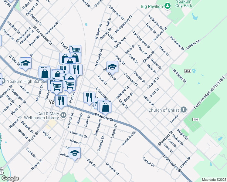 map of restaurants, bars, coffee shops, grocery stores, and more near 201 Schrimscher Street in Yoakum
