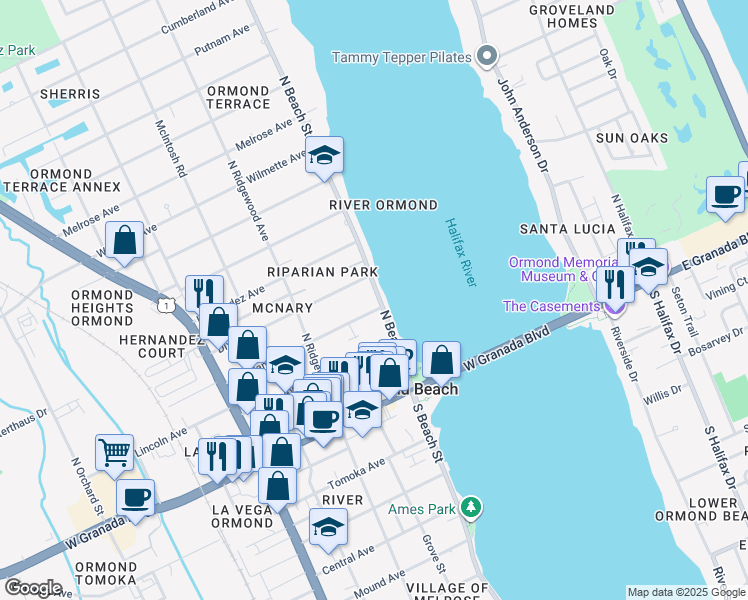 map of restaurants, bars, coffee shops, grocery stores, and more near 130 North Beach Street in Ormond Beach