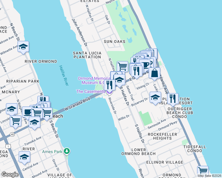 map of restaurants, bars, coffee shops, grocery stores, and more near in Ormond Beach