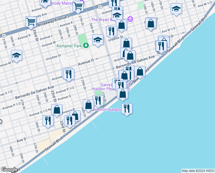 map of restaurants, bars, coffee shops, grocery stores, and more near 2610 1/2 Avenue Q in Galveston