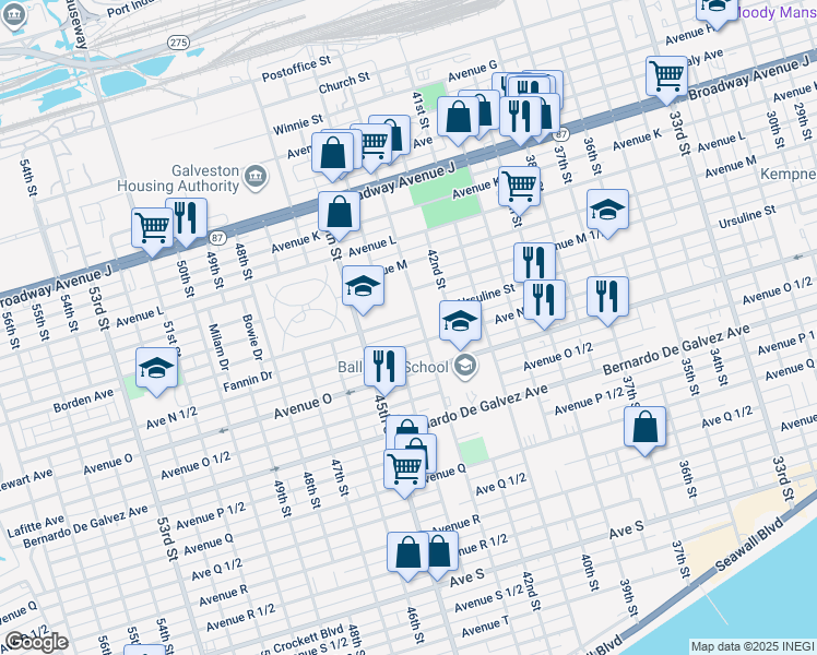 map of restaurants, bars, coffee shops, grocery stores, and more near 4302 Ursuline Street in Galveston