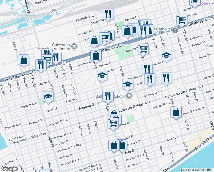 map of restaurants, bars, coffee shops, grocery stores, and more near 4407 Avenue N in Galveston