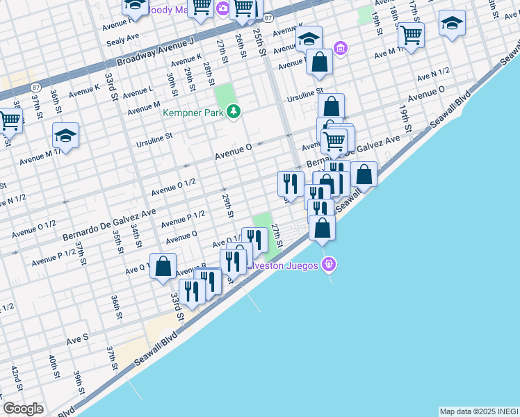map of restaurants, bars, coffee shops, grocery stores, and more near 2712 Avenue Q in Galveston