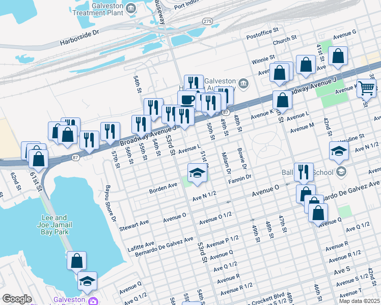 map of restaurants, bars, coffee shops, grocery stores, and more near 5124 Avenue M in Galveston