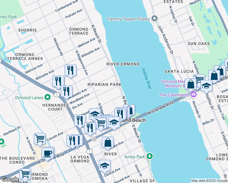 map of restaurants, bars, coffee shops, grocery stores, and more near 36 Dix Avenue in Ormond Beach