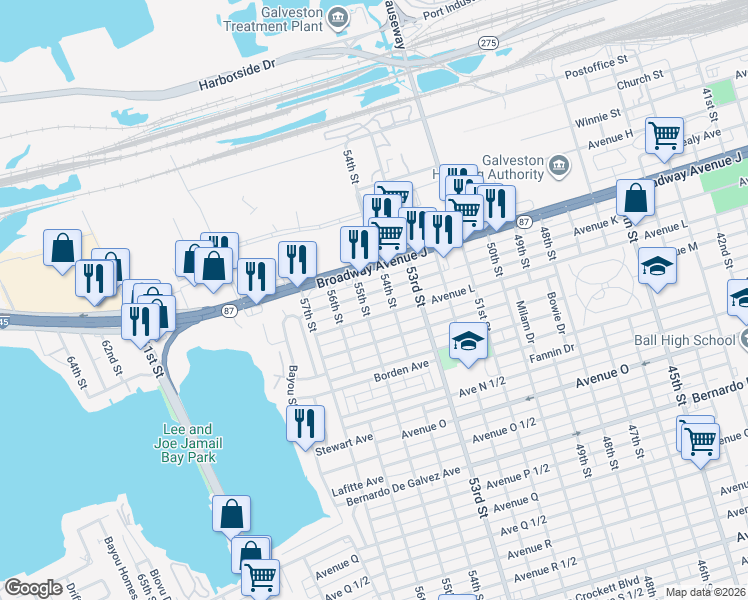 map of restaurants, bars, coffee shops, grocery stores, and more near 5505 Avenue K in Galveston
