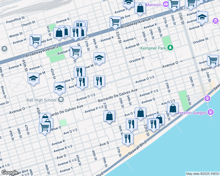 map of restaurants, bars, coffee shops, grocery stores, and more near 3529 Avenue O 1/2 in Galveston