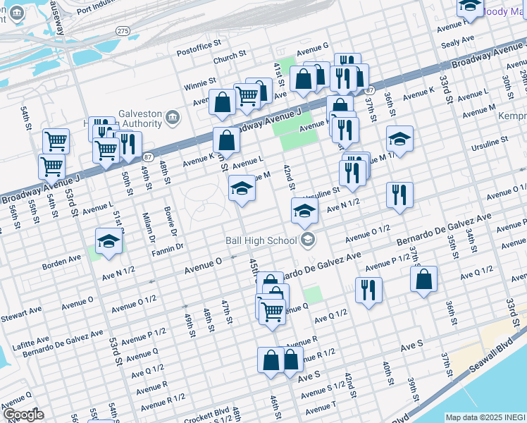 map of restaurants, bars, coffee shops, grocery stores, and more near 4407 Avenue N in Galveston