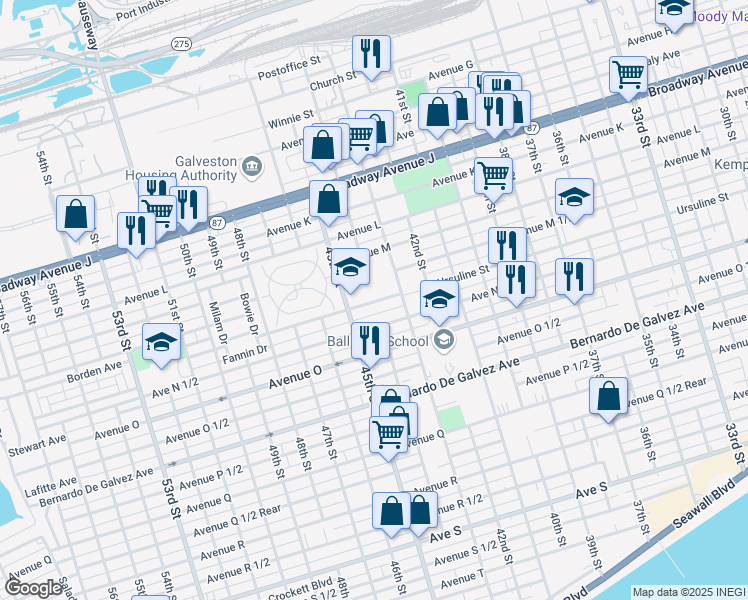 map of restaurants, bars, coffee shops, grocery stores, and more near 4407 Avenue N in Galveston