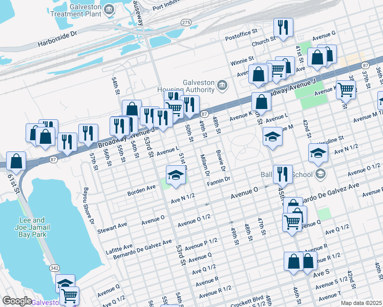 map of restaurants, bars, coffee shops, grocery stores, and more near 5013 Avenue M in Galveston