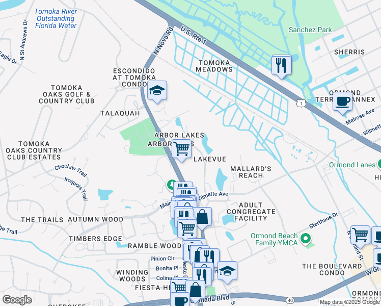 map of restaurants, bars, coffee shops, grocery stores, and more near 12 Lakewood Park in Ormond Beach