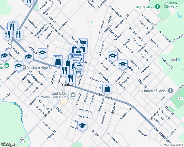map of restaurants, bars, coffee shops, grocery stores, and more near 203 West Grand Avenue in Yoakum