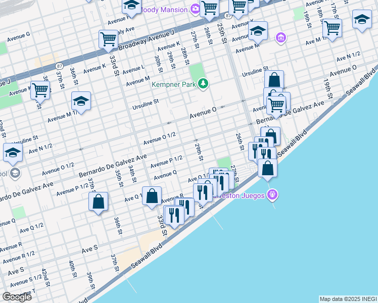 map of restaurants, bars, coffee shops, grocery stores, and more near 2927 Avenue P 1/2 in Galveston