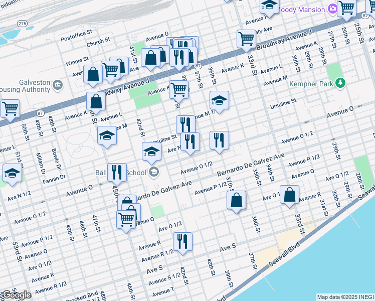 map of restaurants, bars, coffee shops, grocery stores, and more near 3920 Avenue O in Galveston