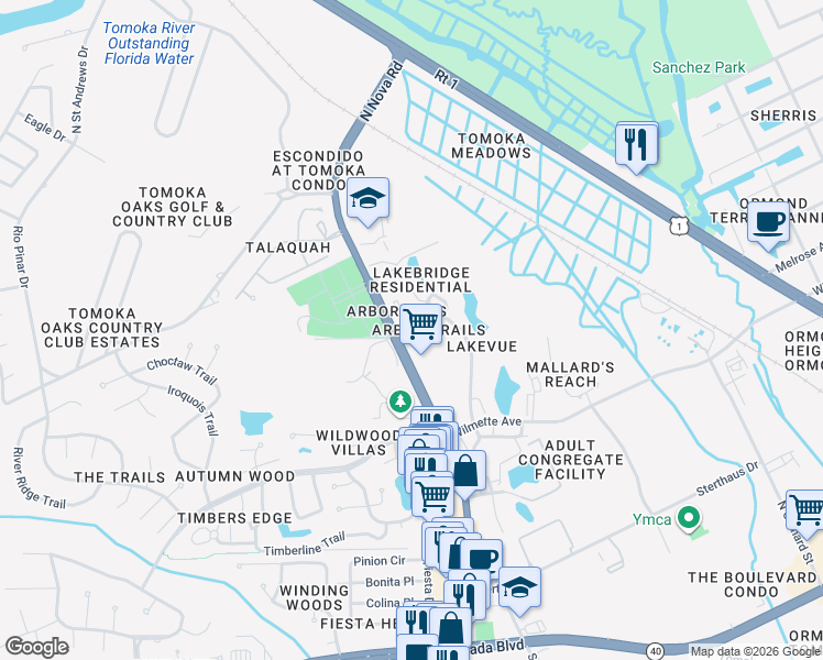map of restaurants, bars, coffee shops, grocery stores, and more near 535 North Nova Road in Ormond Beach