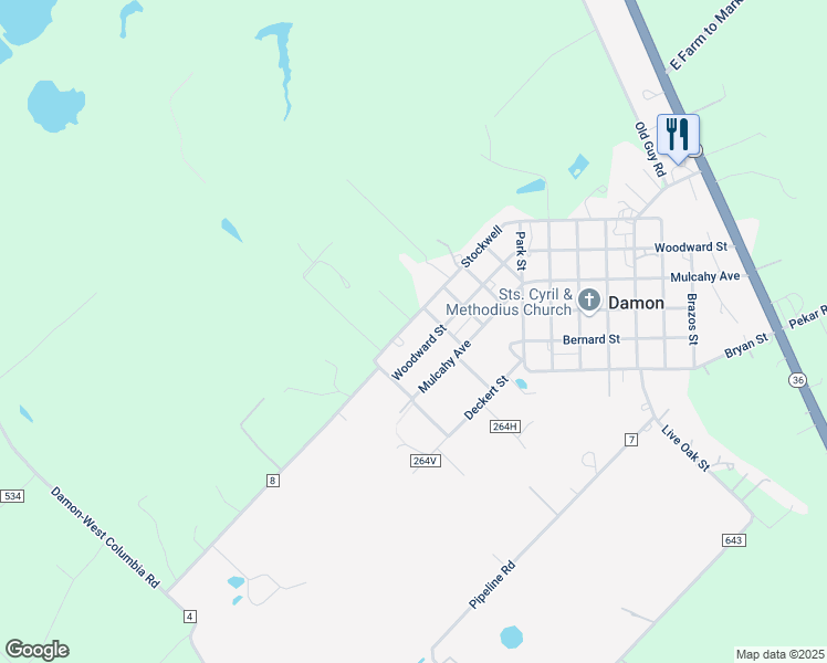 map of restaurants, bars, coffee shops, grocery stores, and more near 1414 Woodward Street in Damon