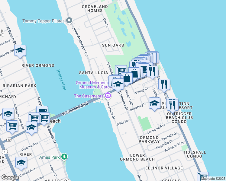 map of restaurants, bars, coffee shops, grocery stores, and more near in Ormond Beach