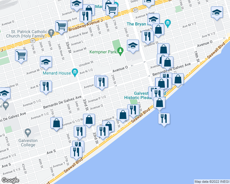 map of restaurants, bars, coffee shops, grocery stores, and more near 2908 Avenue P 1/2 in Galveston