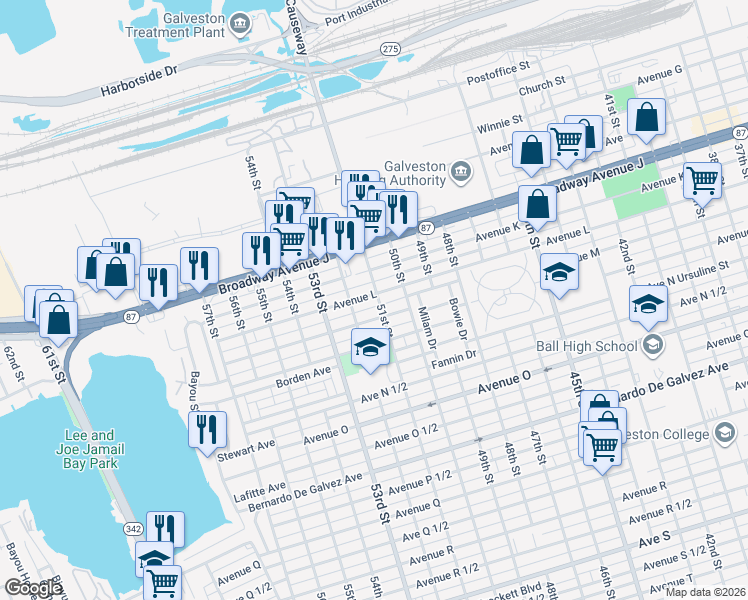 map of restaurants, bars, coffee shops, grocery stores, and more near 5124 Avenue M in Galveston