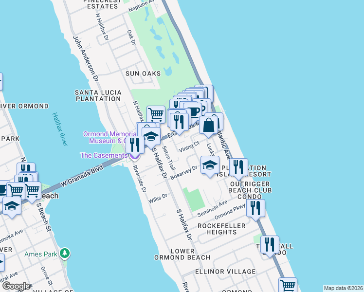 map of restaurants, bars, coffee shops, grocery stores, and more near 64 Wye Drive in Ormond Beach