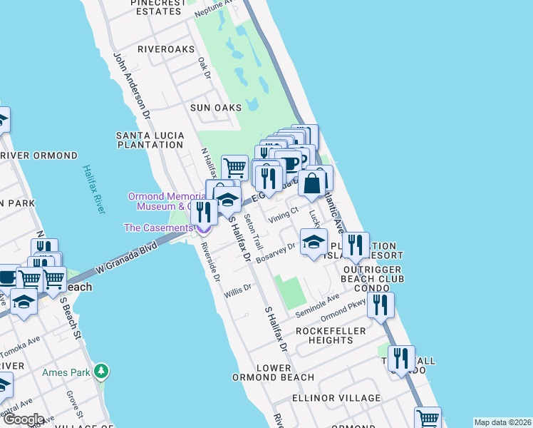 map of restaurants, bars, coffee shops, grocery stores, and more near 55 Vining Court in Ormond Beach