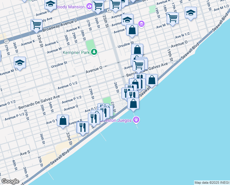 map of restaurants, bars, coffee shops, grocery stores, and more near 2610 1/2 Avenue Q in Galveston
