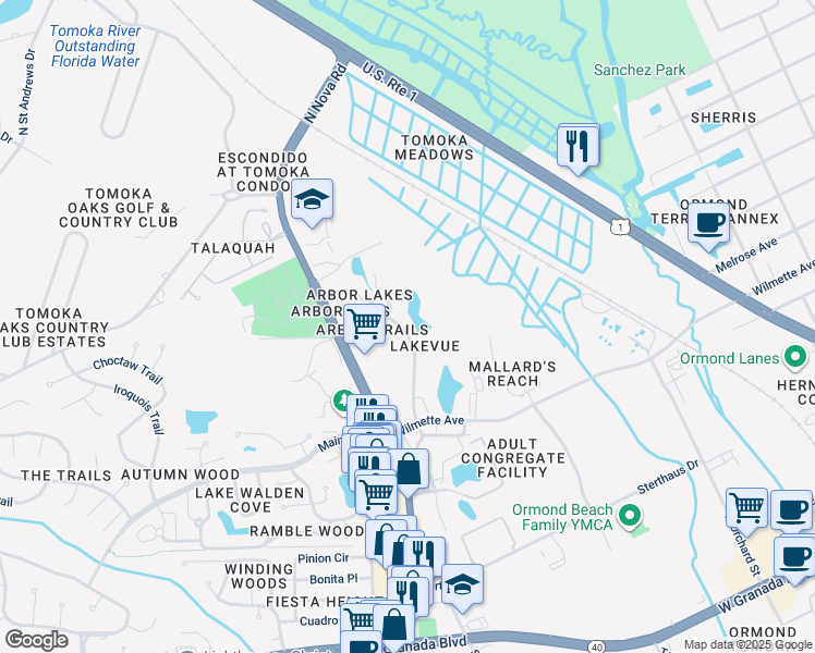 map of restaurants, bars, coffee shops, grocery stores, and more near 523 Lake Bridge Drive in Ormond Beach