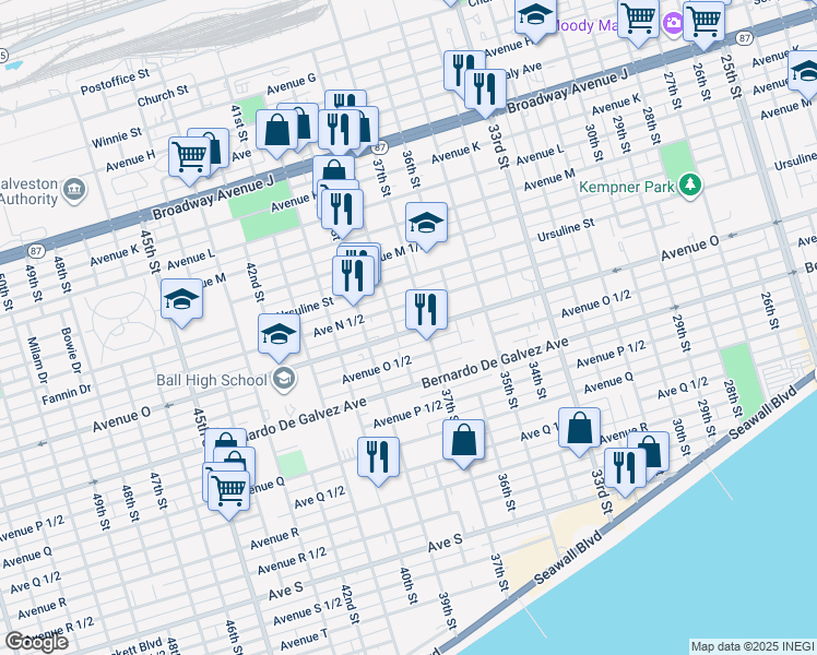 map of restaurants, bars, coffee shops, grocery stores, and more near 3716 Avenue O in Galveston