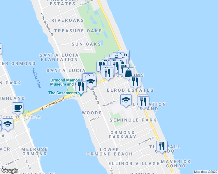 map of restaurants, bars, coffee shops, grocery stores, and more near 64 Wye Drive in Ormond Beach