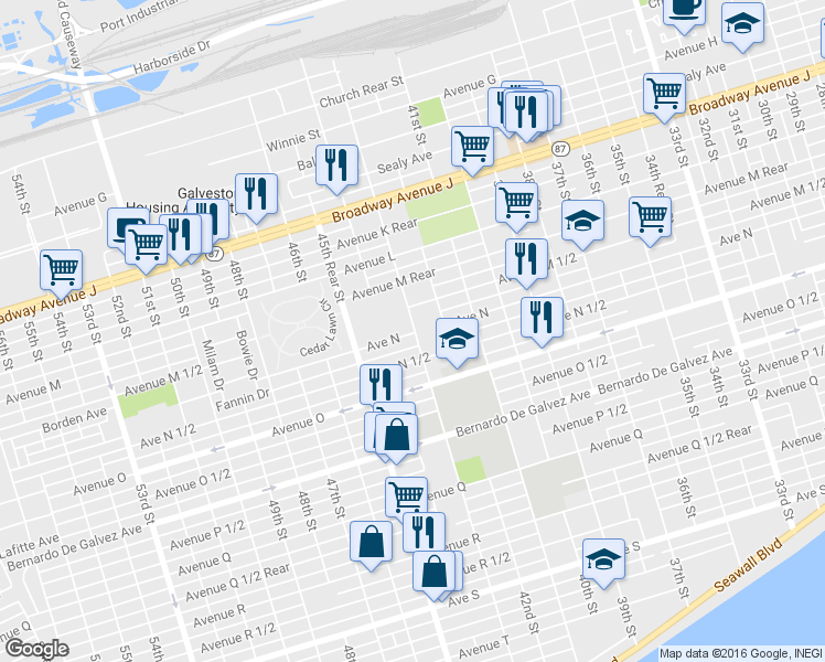 map of restaurants, bars, coffee shops, grocery stores, and more near 4302 Avenue N Rear in Galveston