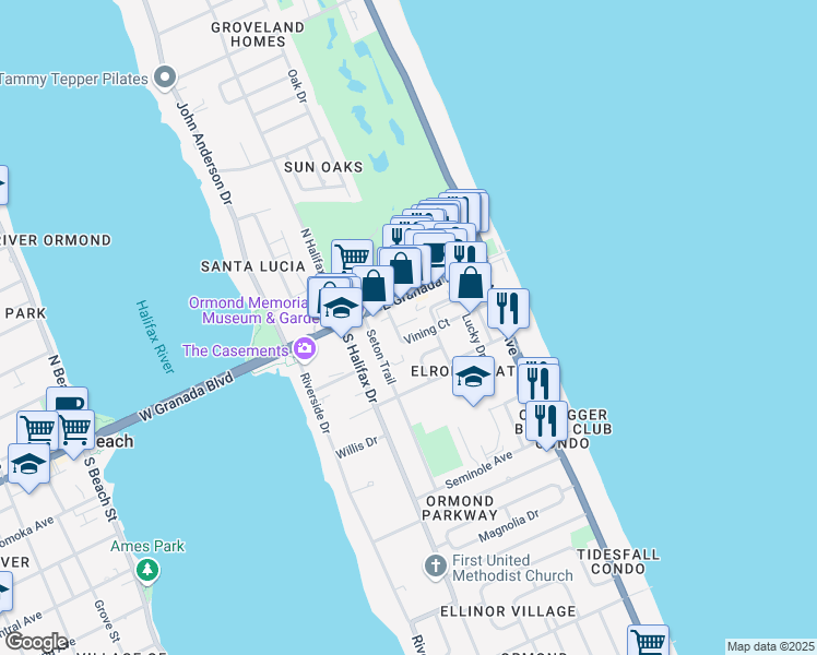 map of restaurants, bars, coffee shops, grocery stores, and more near 55 Seton Trail in Ormond Beach