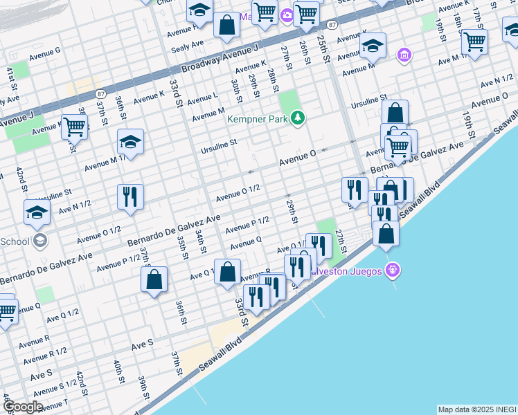map of restaurants, bars, coffee shops, grocery stores, and more near 3011 Bernardo De Galvez Avenue in Galveston