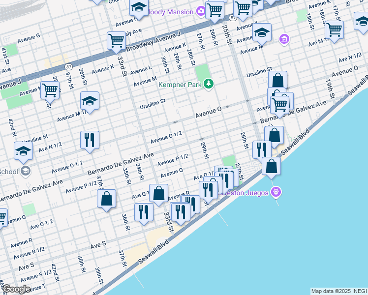 map of restaurants, bars, coffee shops, grocery stores, and more near 3011 Bernardo De Galvez Avenue in Galveston
