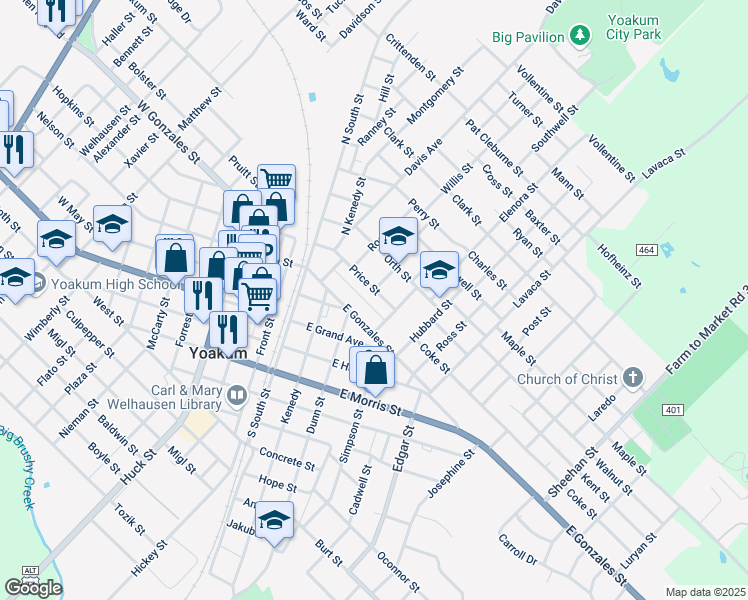 map of restaurants, bars, coffee shops, grocery stores, and more near 201 Schrimscher Street in Yoakum