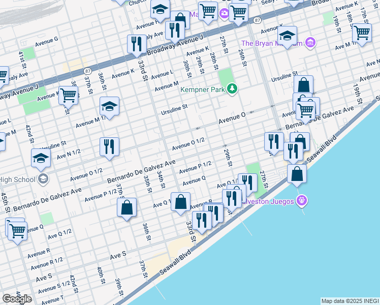 map of restaurants, bars, coffee shops, grocery stores, and more near 3114 Bernardo De Galvez Avenue in Galveston
