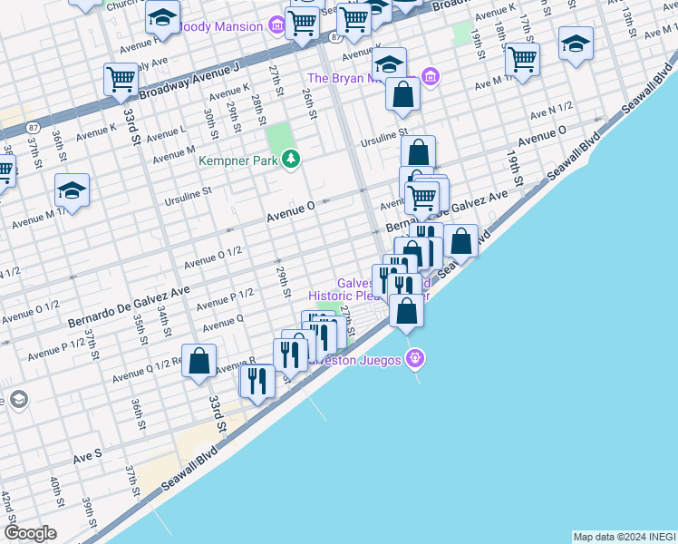 map of restaurants, bars, coffee shops, grocery stores, and more near 2002 27th Street in Galveston